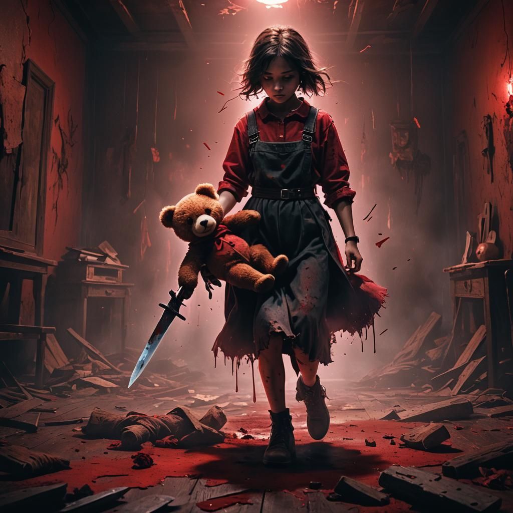 Eerily Lit Girl with Teddy Bear in Bloody Scene