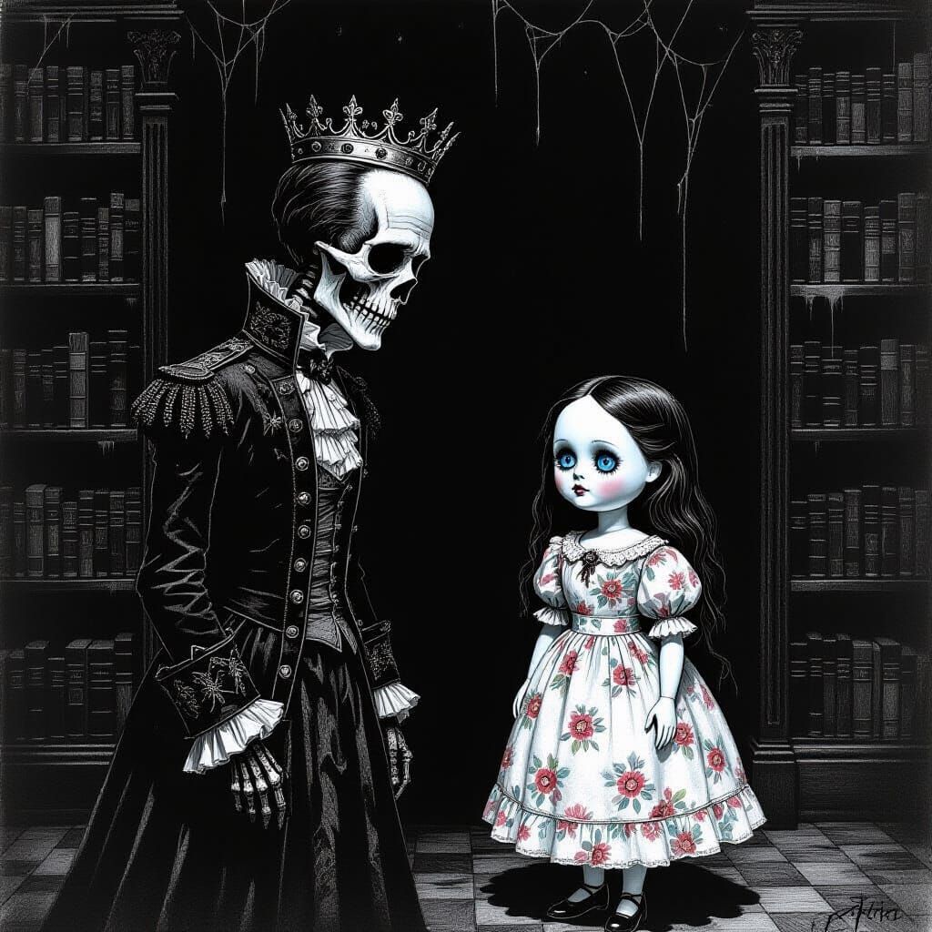 Dead Prince and Talking Doll in Gothic Library Charcoal Draw...