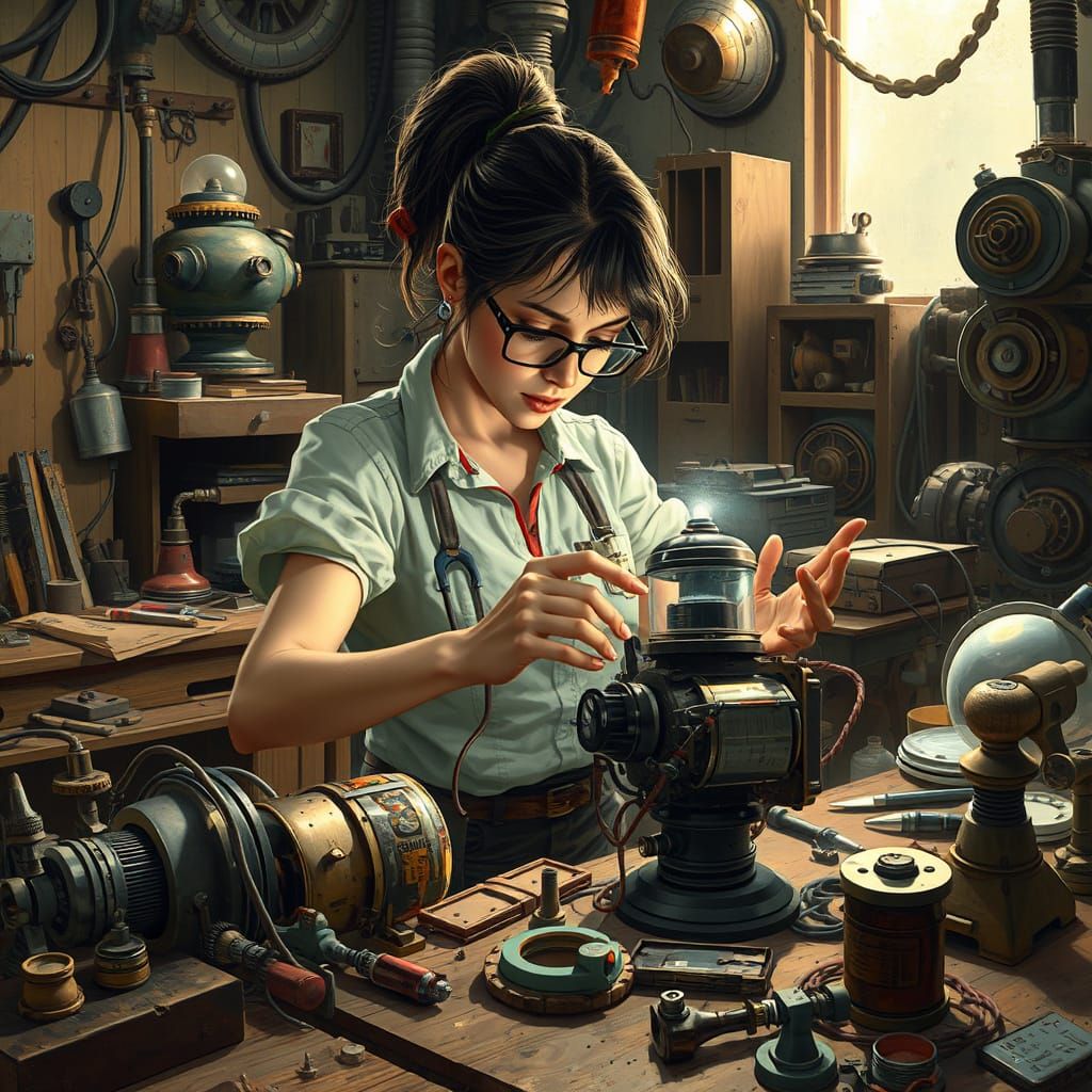 Inventor in a Futuristic Workshop