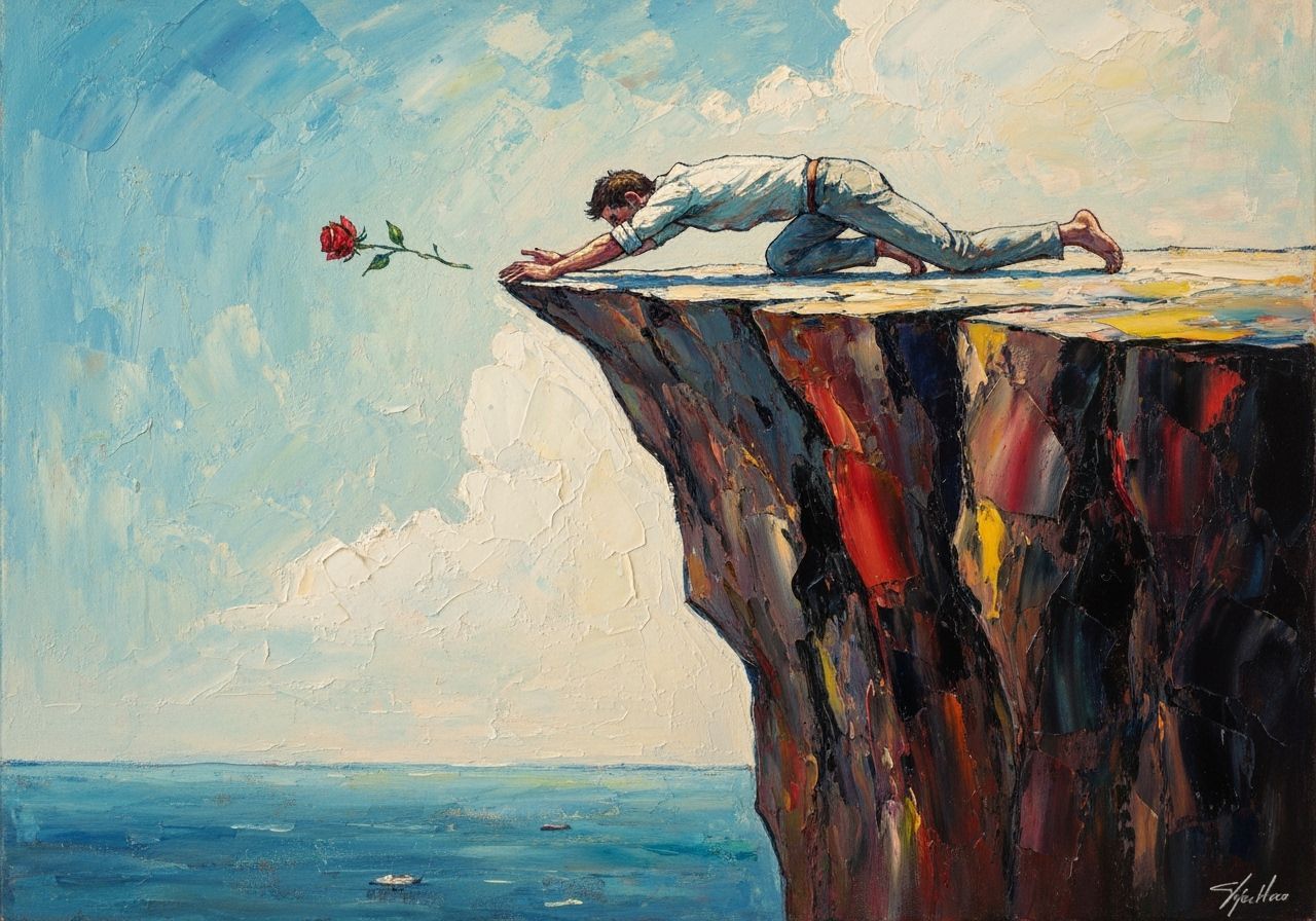 Man Reaching for Falling Rose at Cliff Edge
