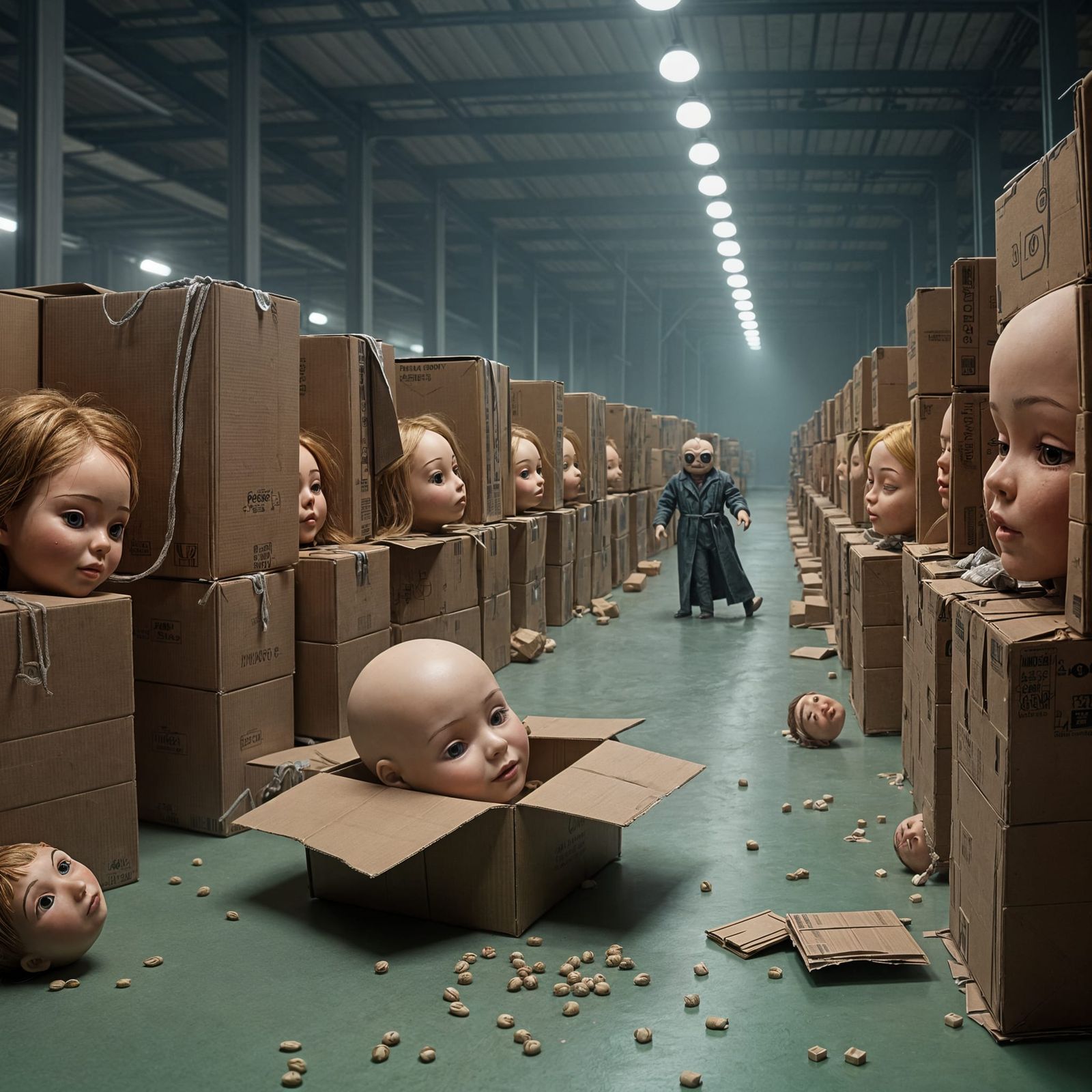 Surreal Dolls' Heads in Empty Warehouse