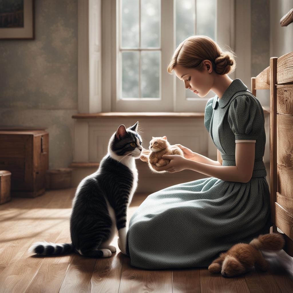 Nostalgic 1930s Mother Giving Plush Toy Cat