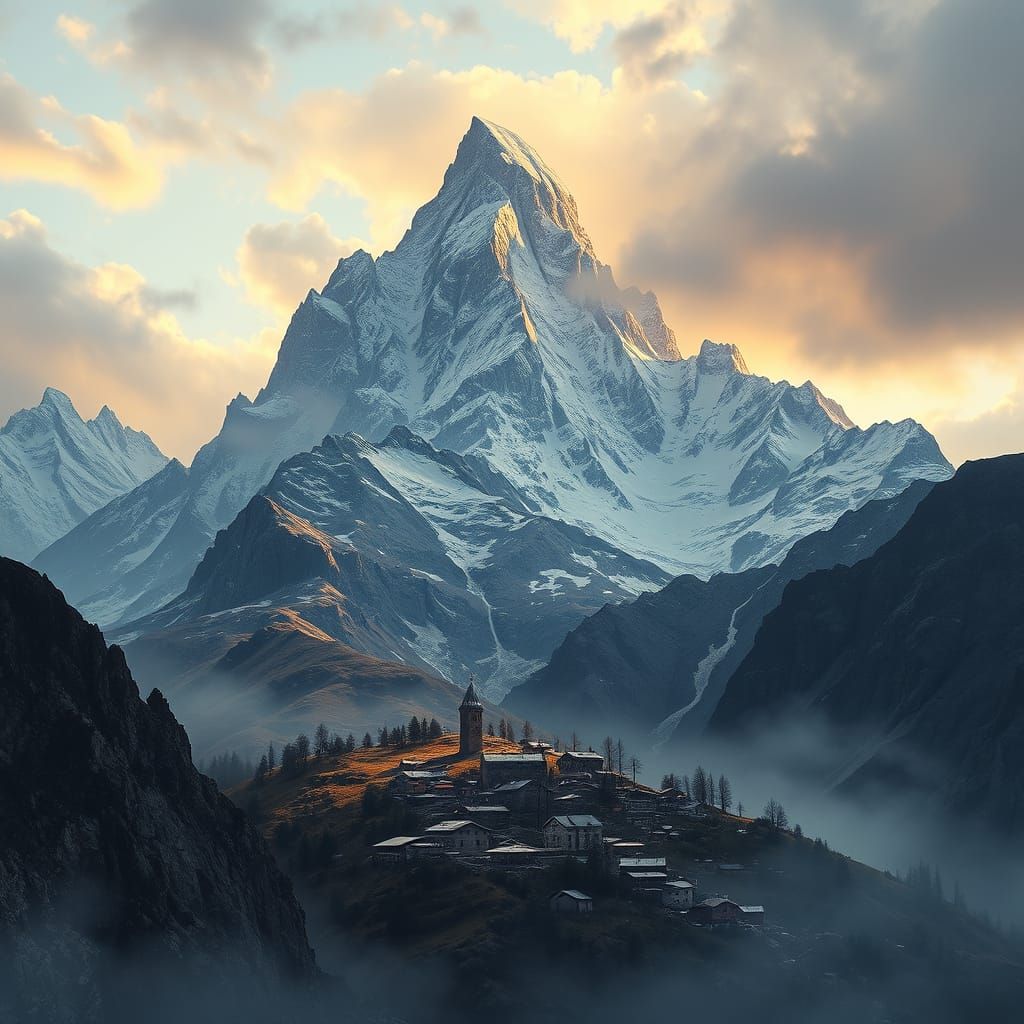 Epic Mountain Village in Digital Matte Painting Style