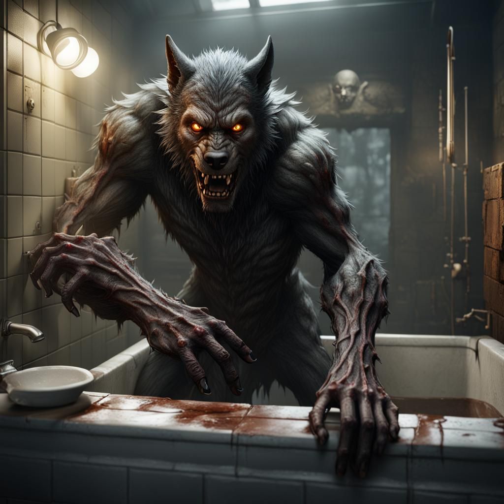 Realistic Werewolf Transformation in Grimy Bathroom