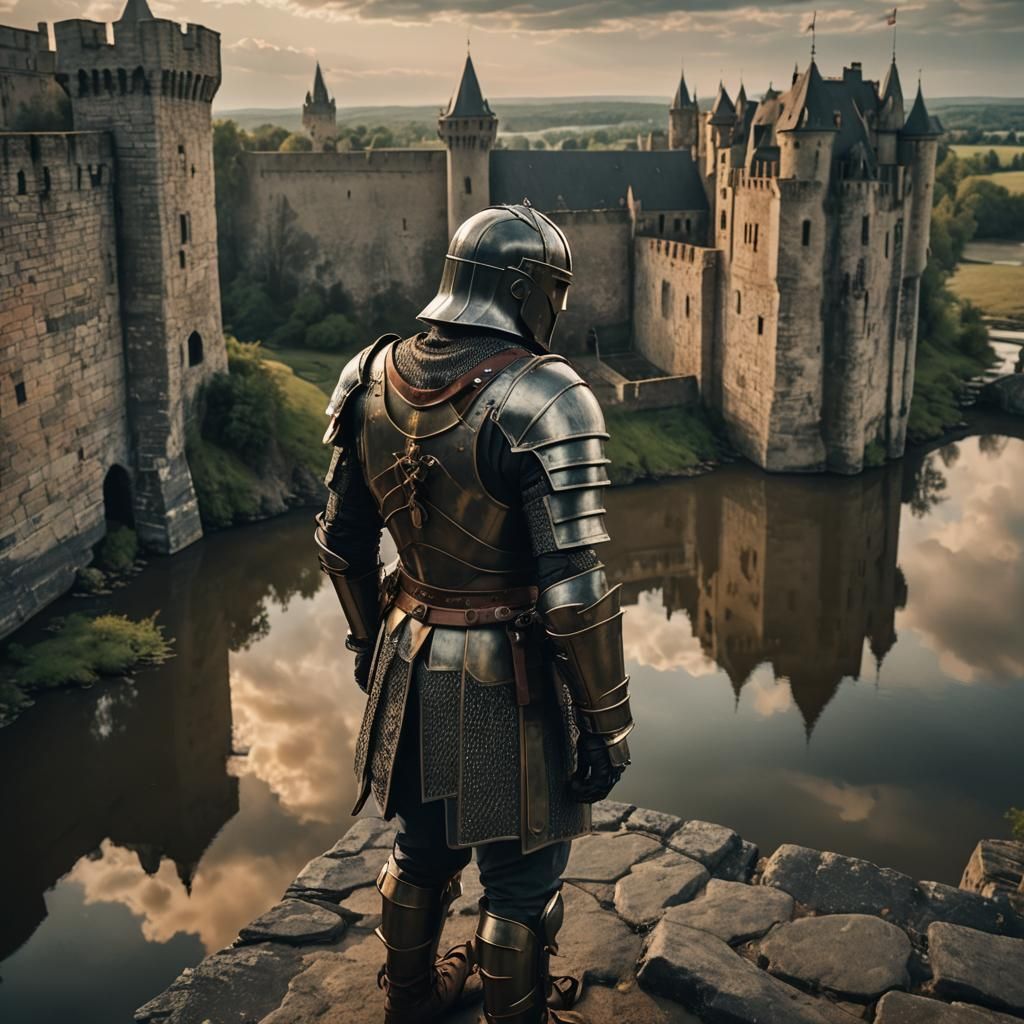 Armored Knight Watches Over River at Sunset