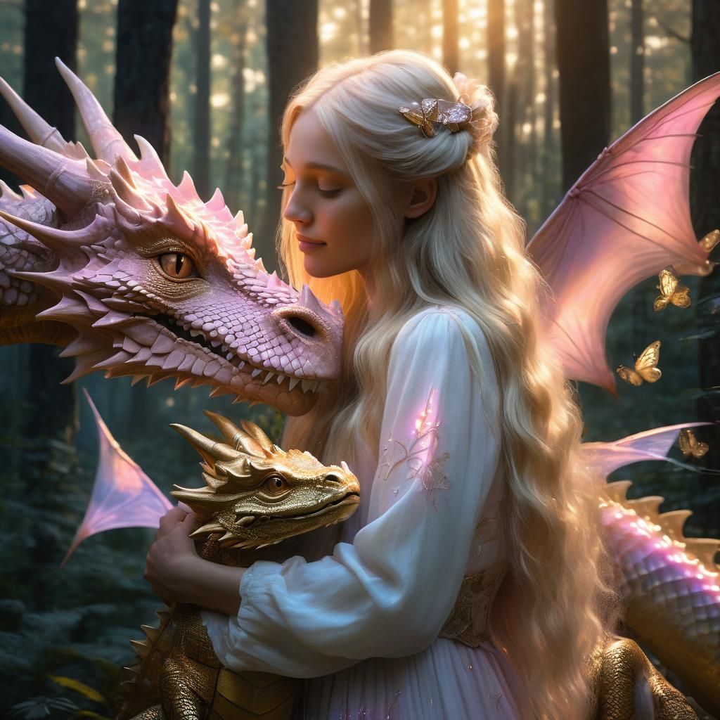 Girl Hugging Dragon in Forest with Butterflies