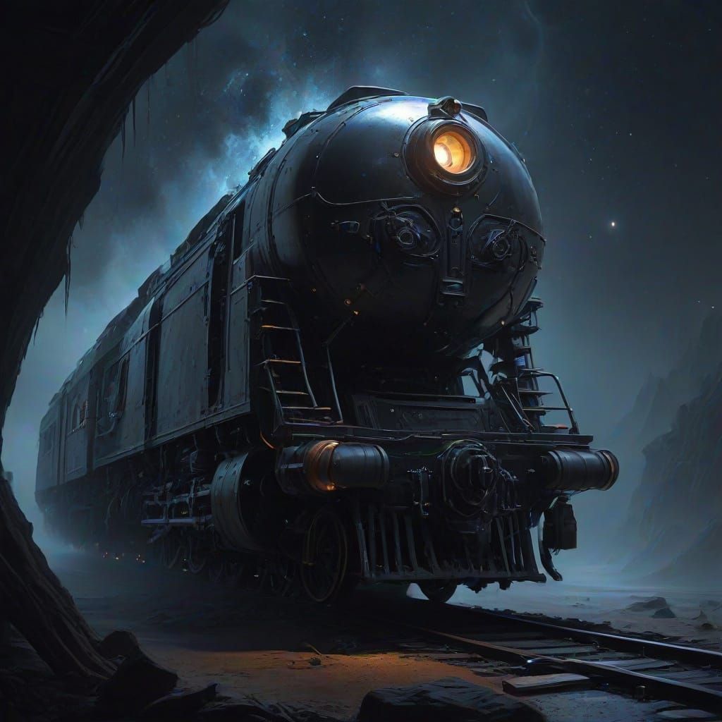 Cosmic Obsidian Train with Bioluminescent Fungi in Void