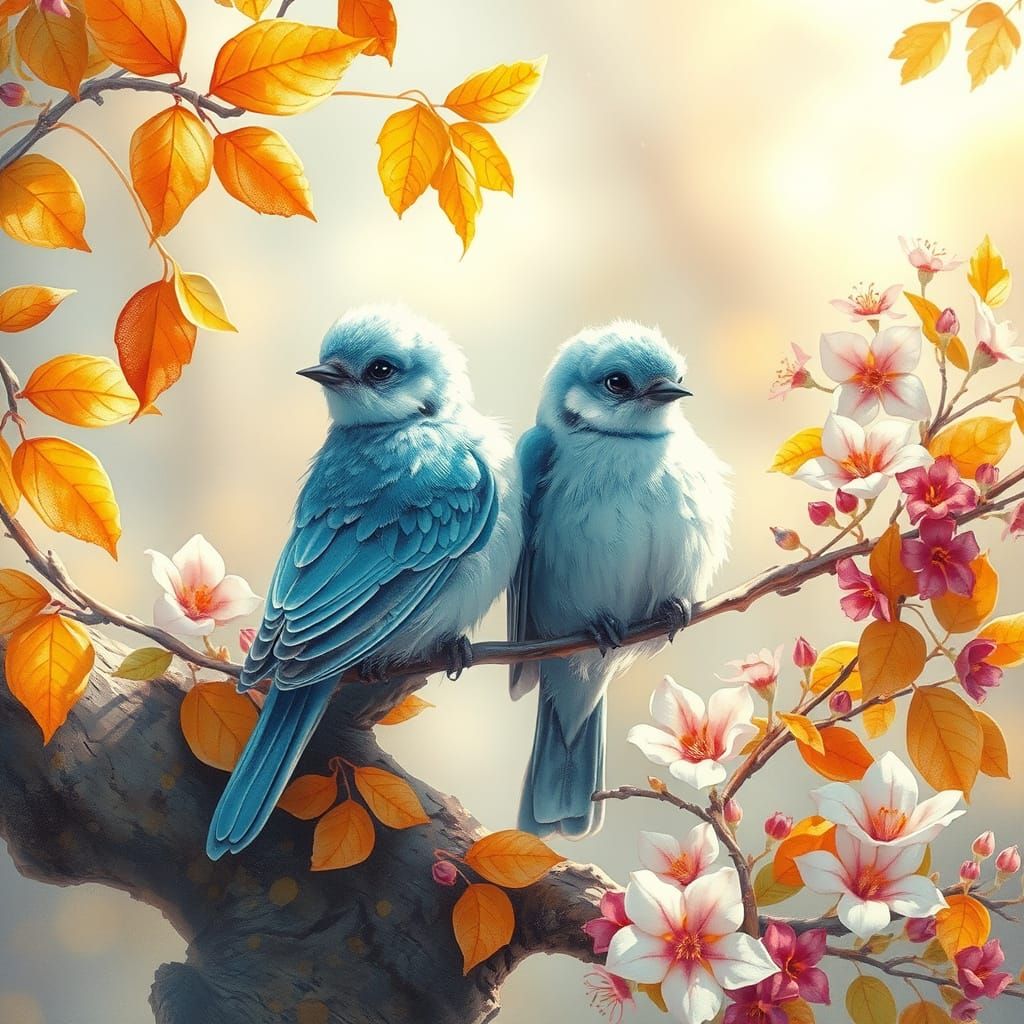 Enchanting Blue Birds with Floral Accents in Fantasy Style