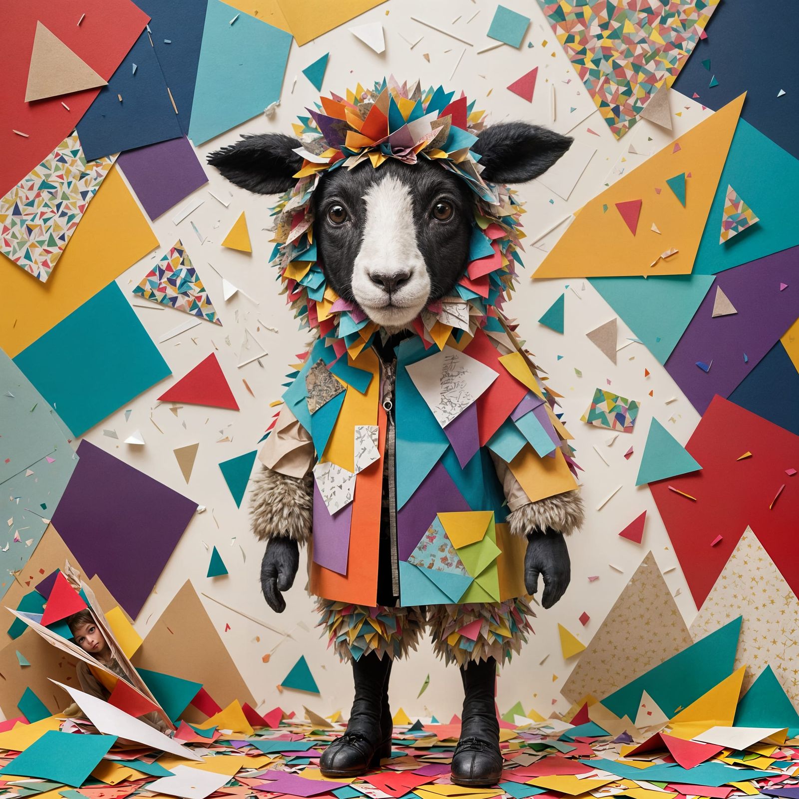 Fluffy Sheep in Wolf Costume Peeking from Collage