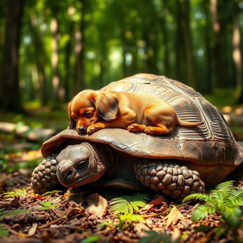 Surreal Scene of Dachshund and Tortoise in Dappled Forest Li...