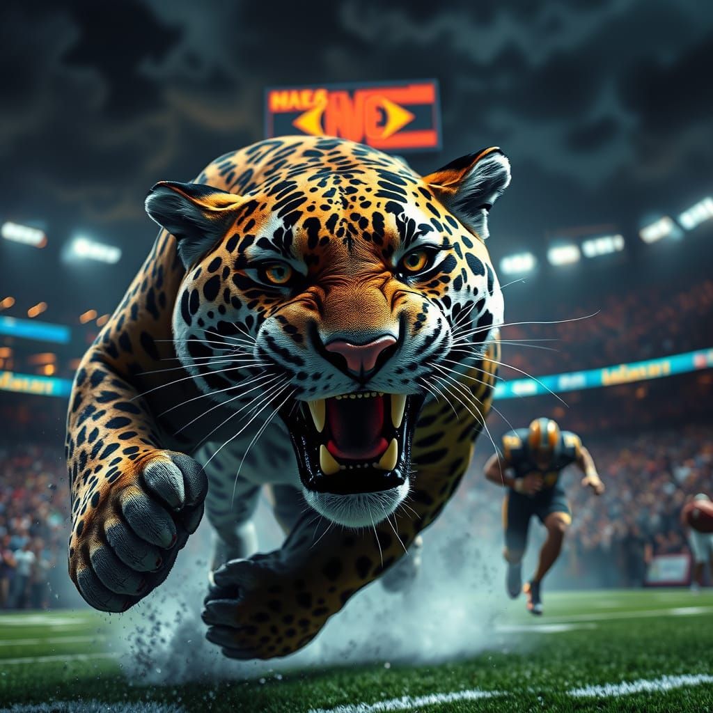 Jacksonville Jaguar in Dramatic Action, Hyperrealistic Style