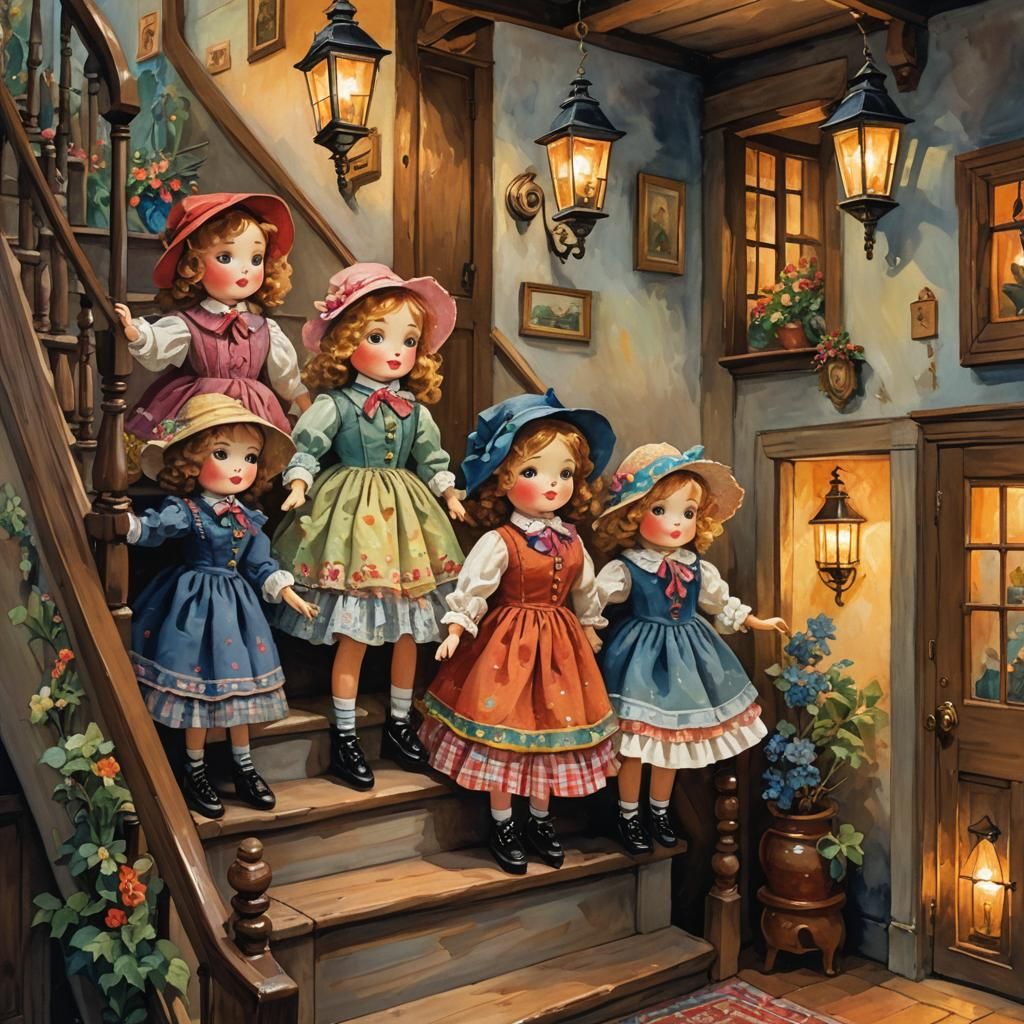 Patchwork Dolls' Whimsical Party in Gouache