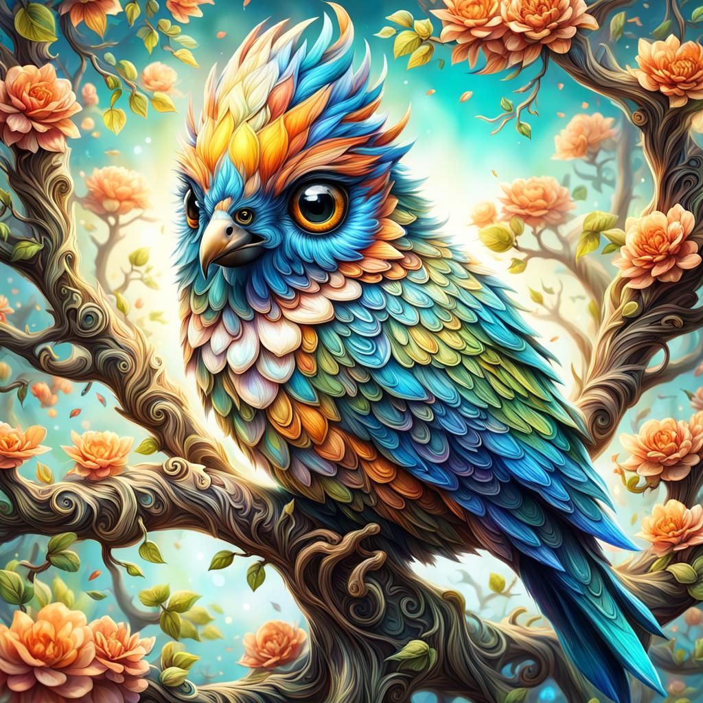 Adorable Multichromatic Bird in Ornate Tree