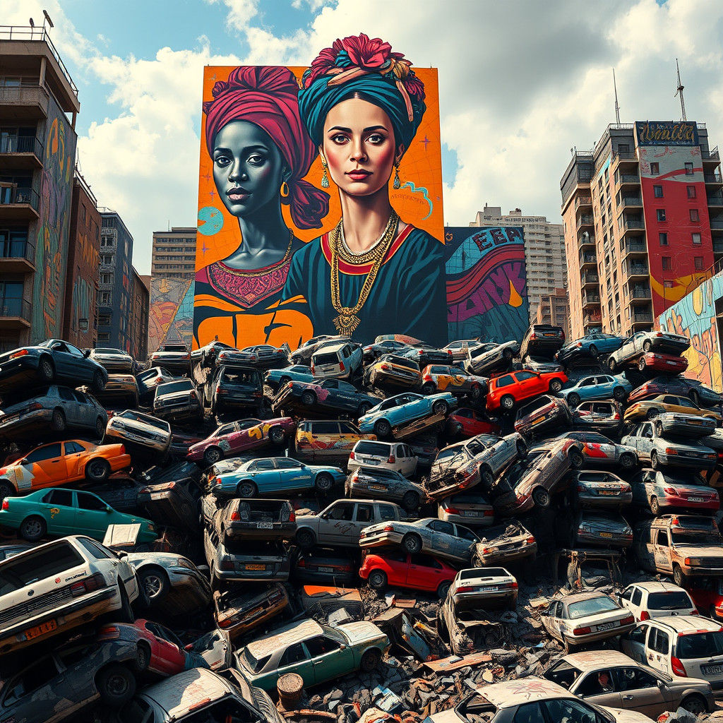 Urban Mural of Activists on Abandoned Cars