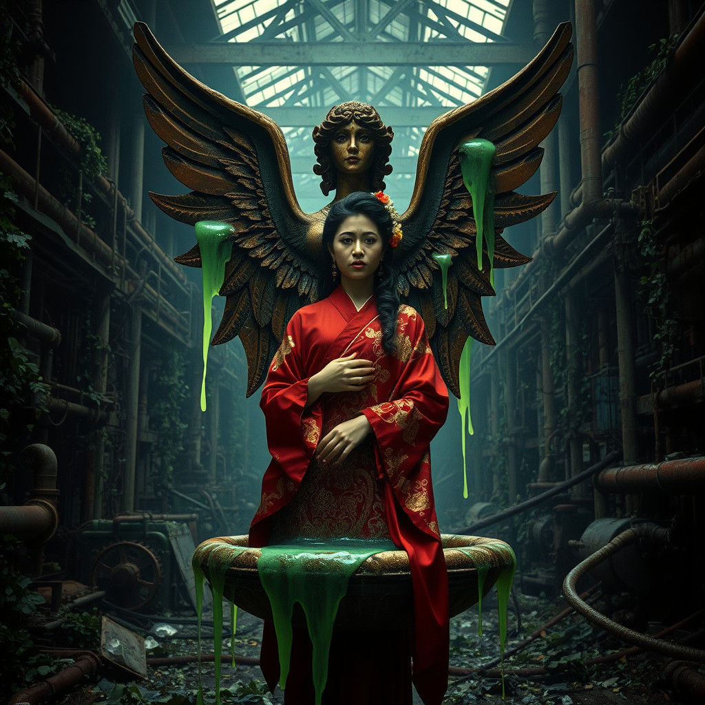 Ethereal Green Slime in Decayed Factory with Angel