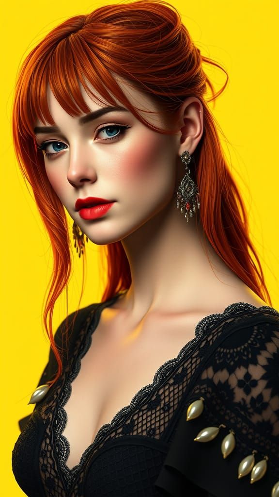 Red-Haired Woman in Black Lace Portrait