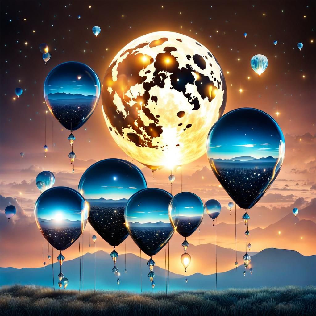 Surreal Sky with Crystal Moons and Balloons