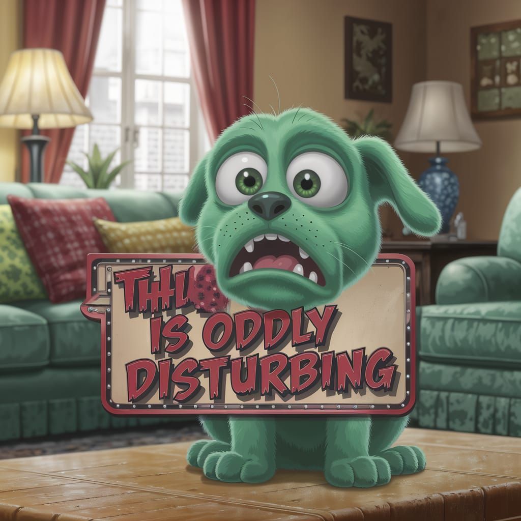 A weird-looking GREEN 3d Pixar style cartoon puppy with surprised expression, large oversized deep-set buggy GREEN eyes,...