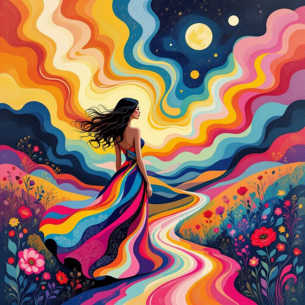 Dreamy Woman in Psychedelic Surreal Landscape