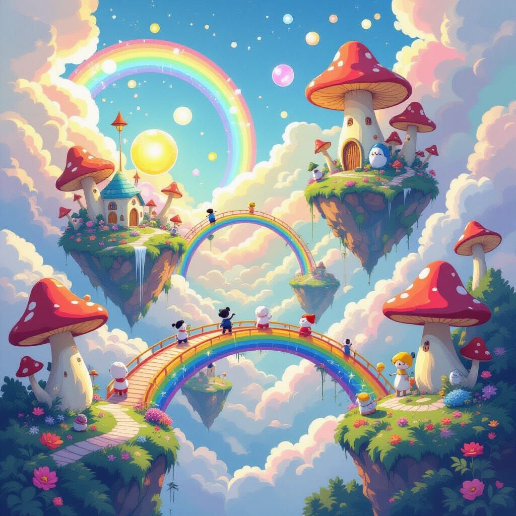 Joyful Dreamscape with Whimsical Creatures and Floating Isla...