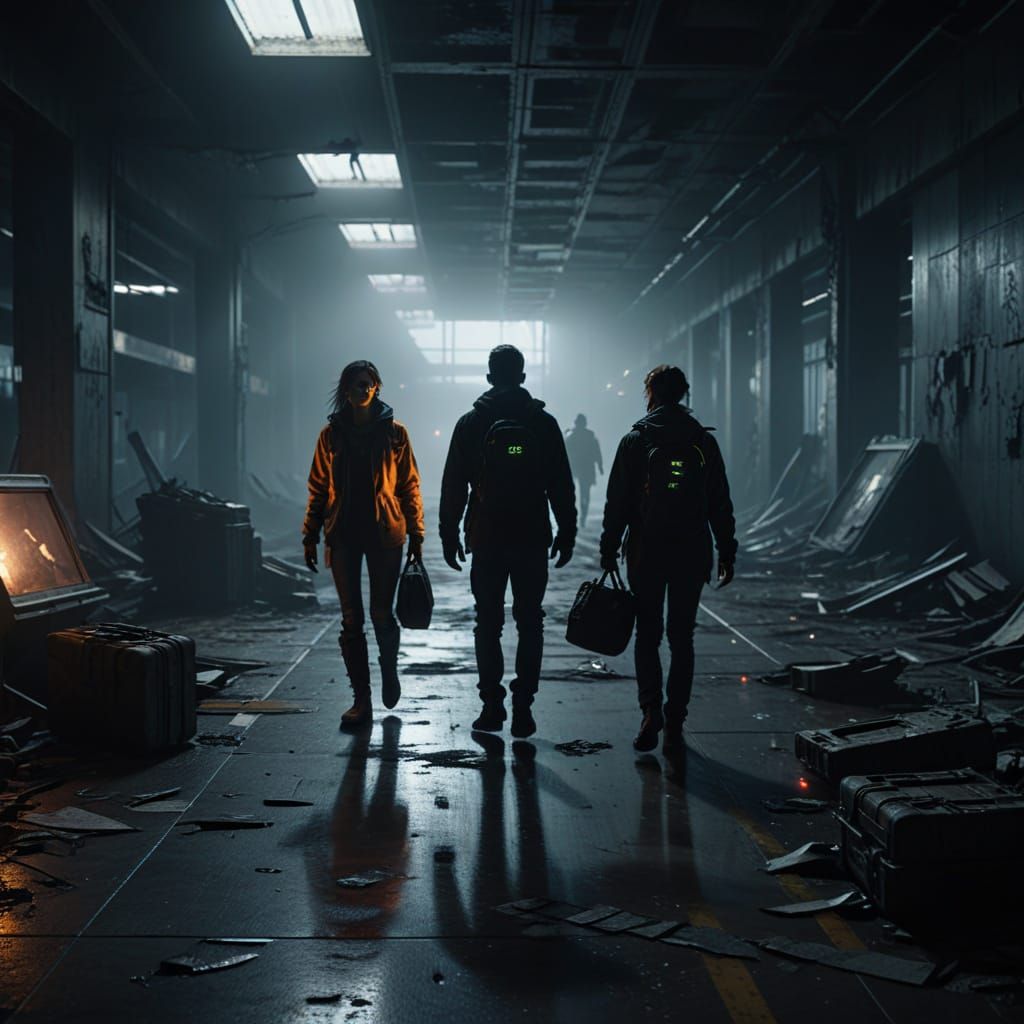 Travelers in Ruined Airport: Horror Film Still