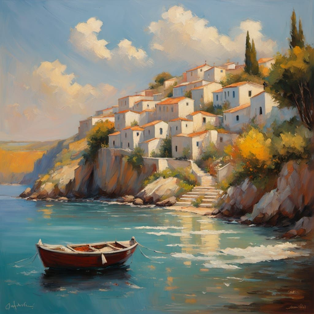Warm Greek Village Seascape in Impressionist Style
