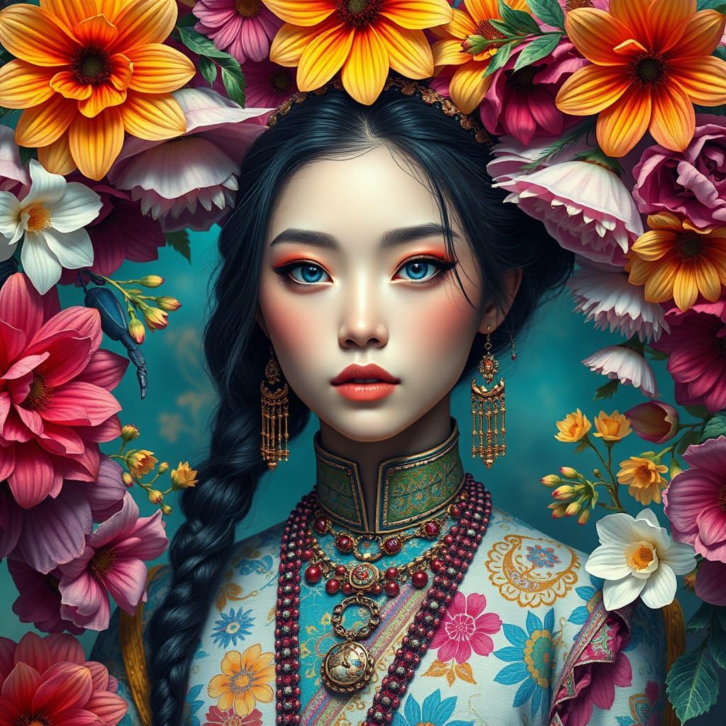 Stunning Portrait of a Charming Lady in Vibrant Floral Surro...