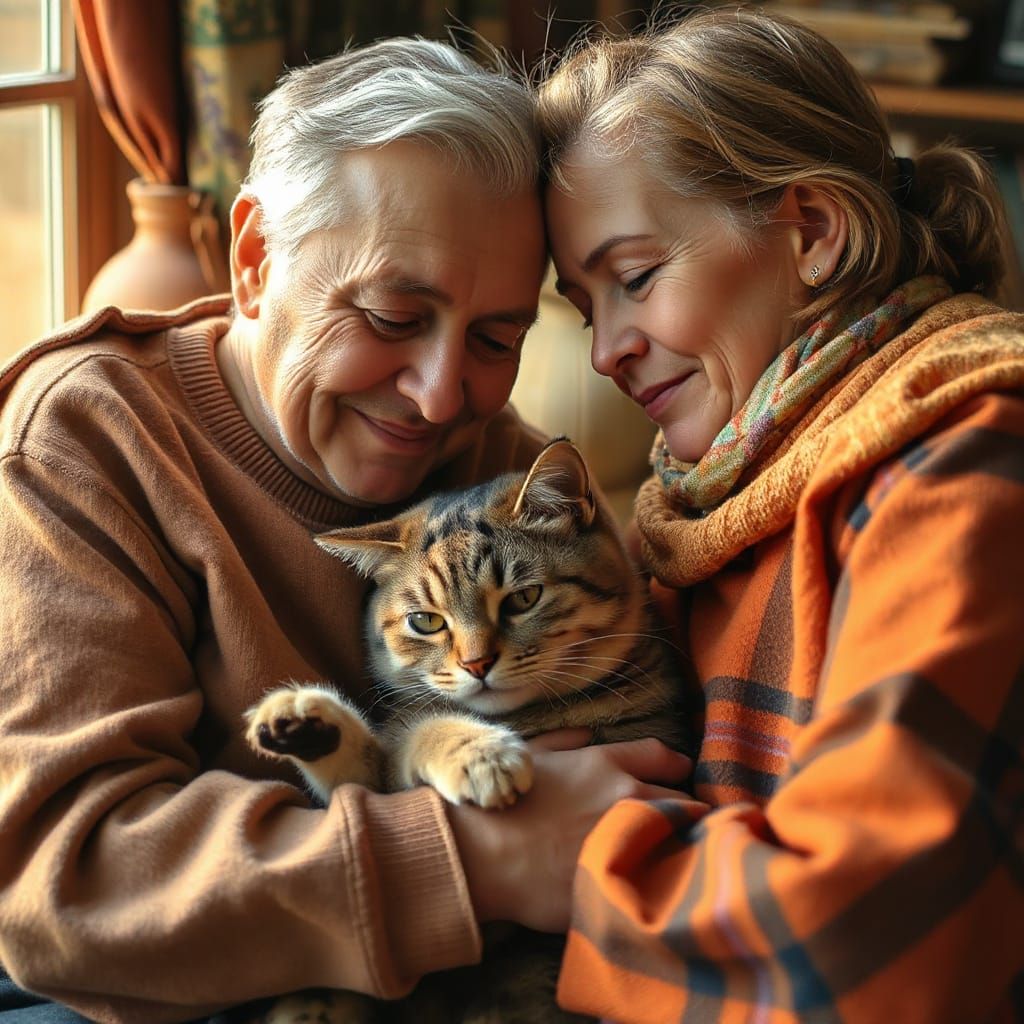 Cozy Intergenerational Moment with Cat in Whimsical Style