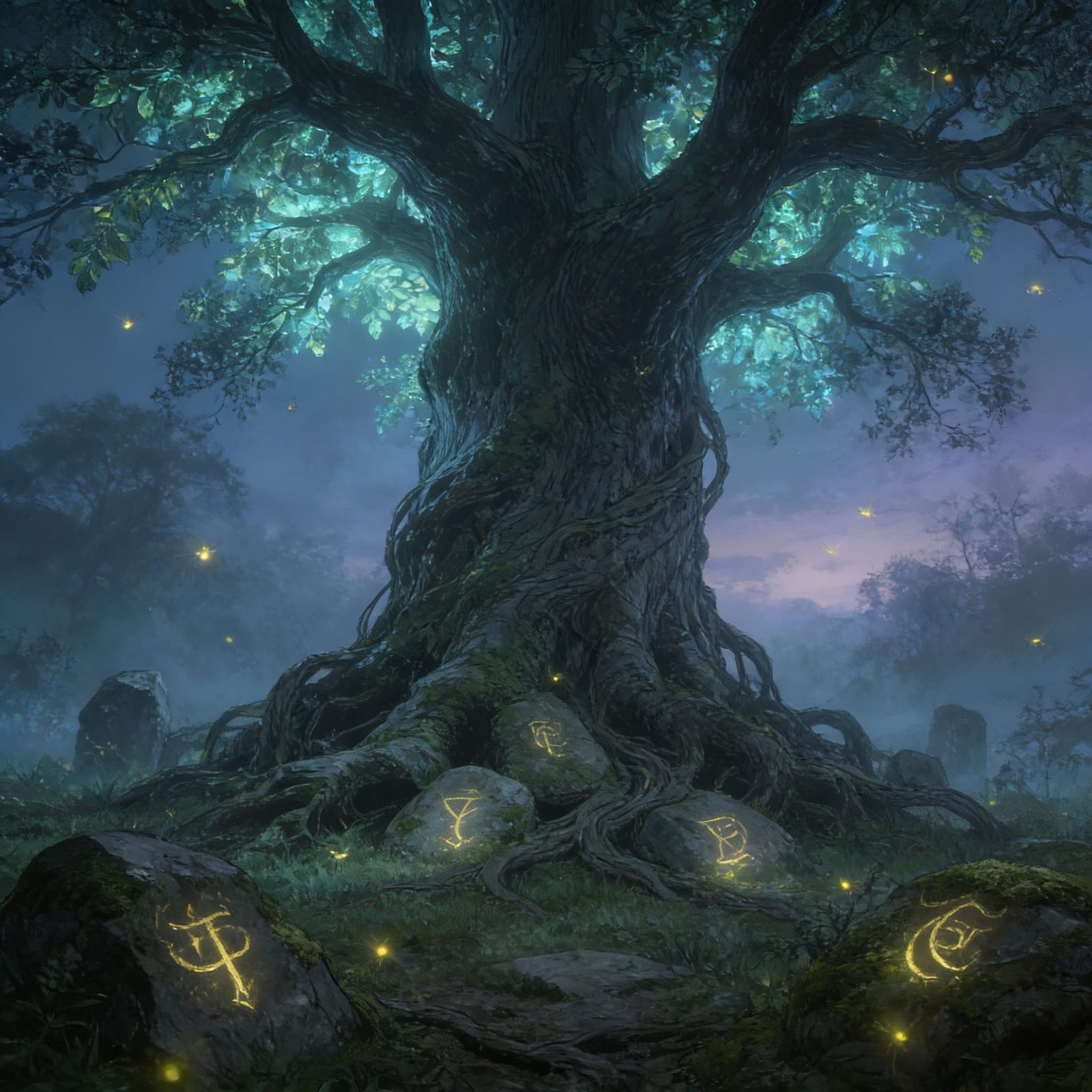Ancient Bioluminescent Tree in Misty Glade