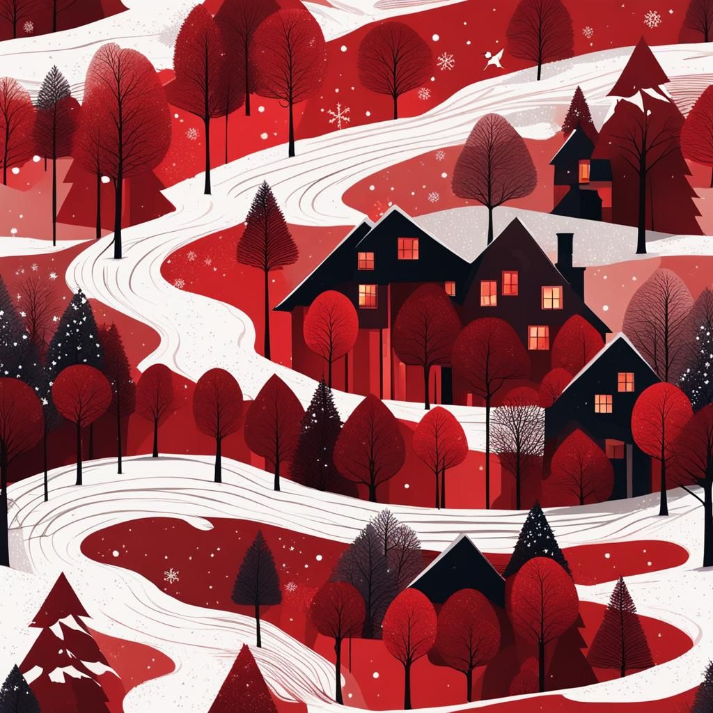 House of Cards in Forest: Abstract Red Snowscape