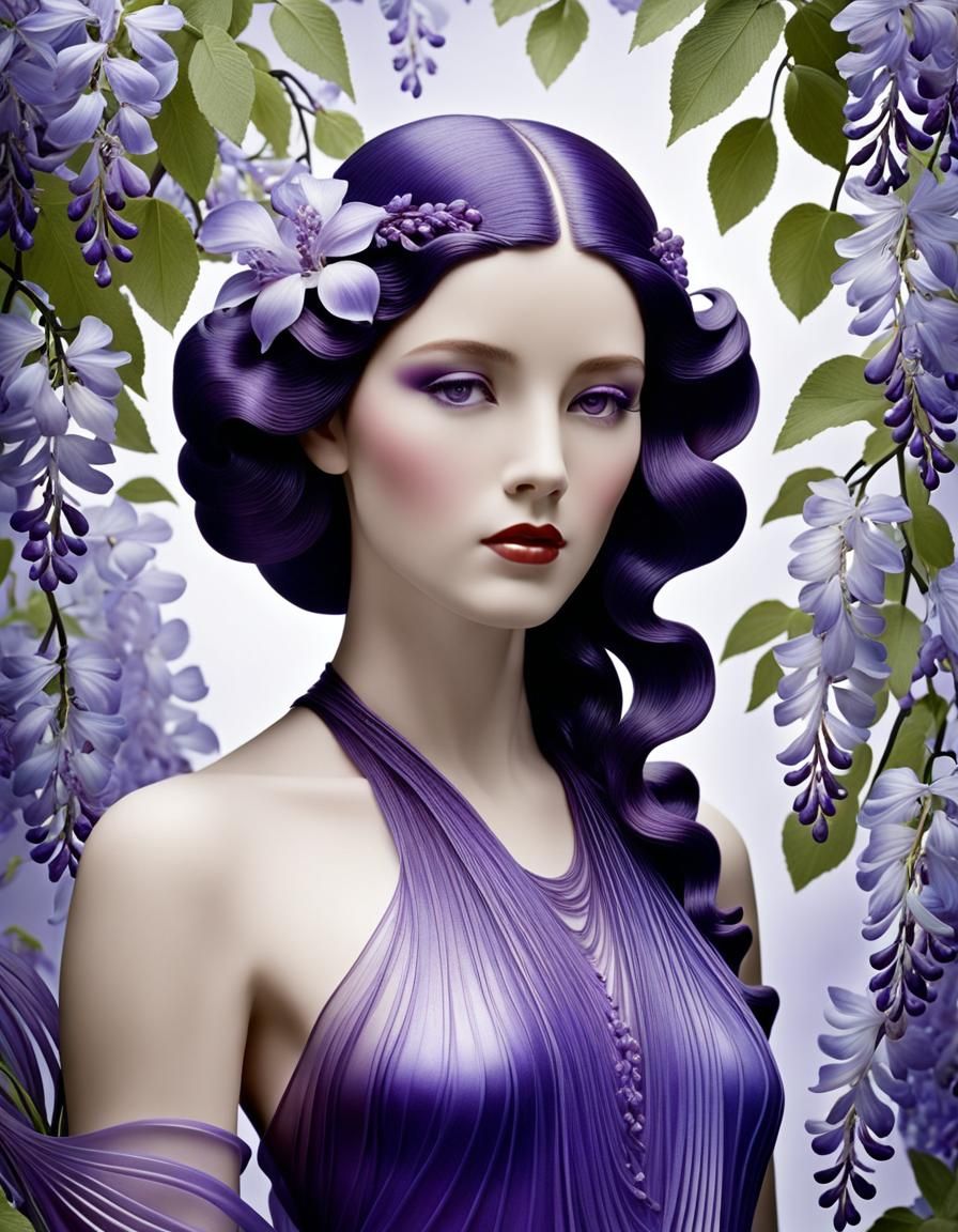 Art Nouveau Woman with Wisteria and Irises