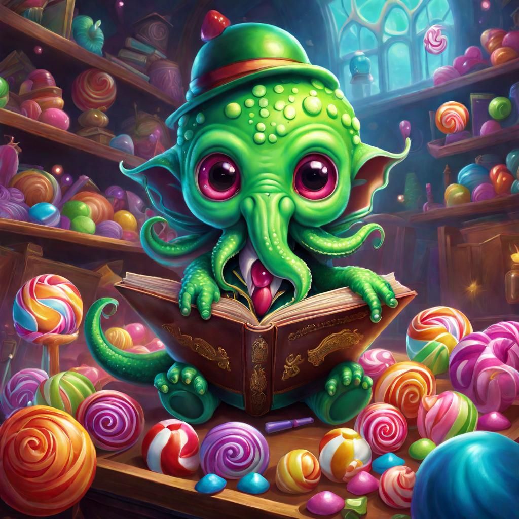 Baby Cthulhu at Magic School in Candy Art Style