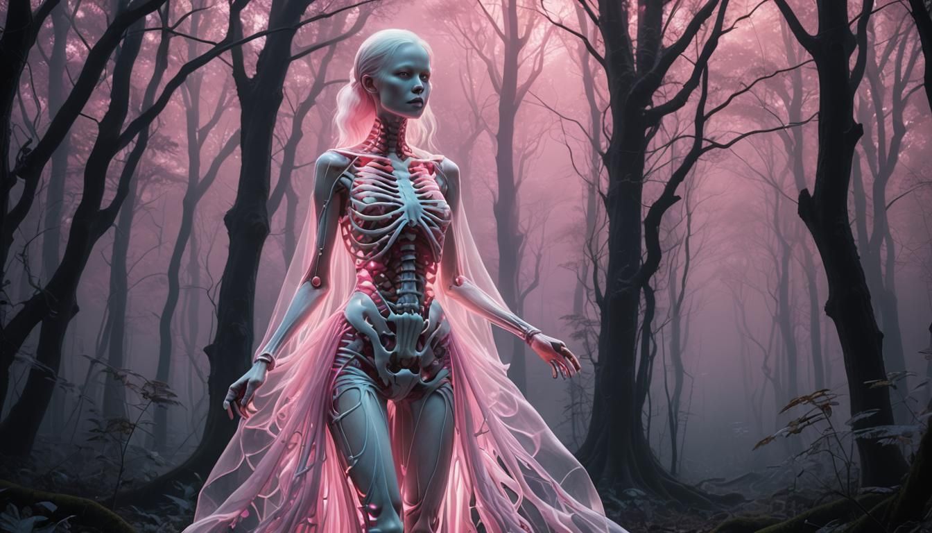 Albino Woman with Neon Skeleton in Dark Woods