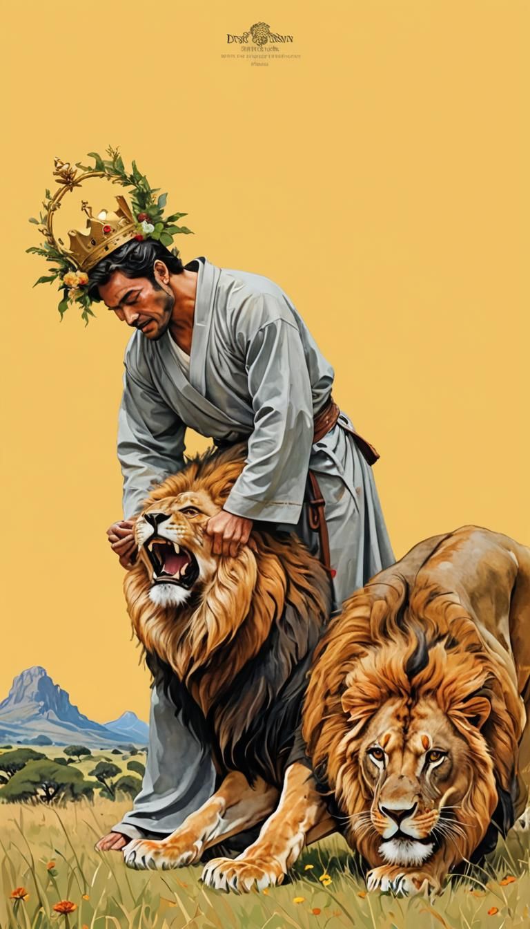 Man Holds Lion in Surreal Abstract Illustration