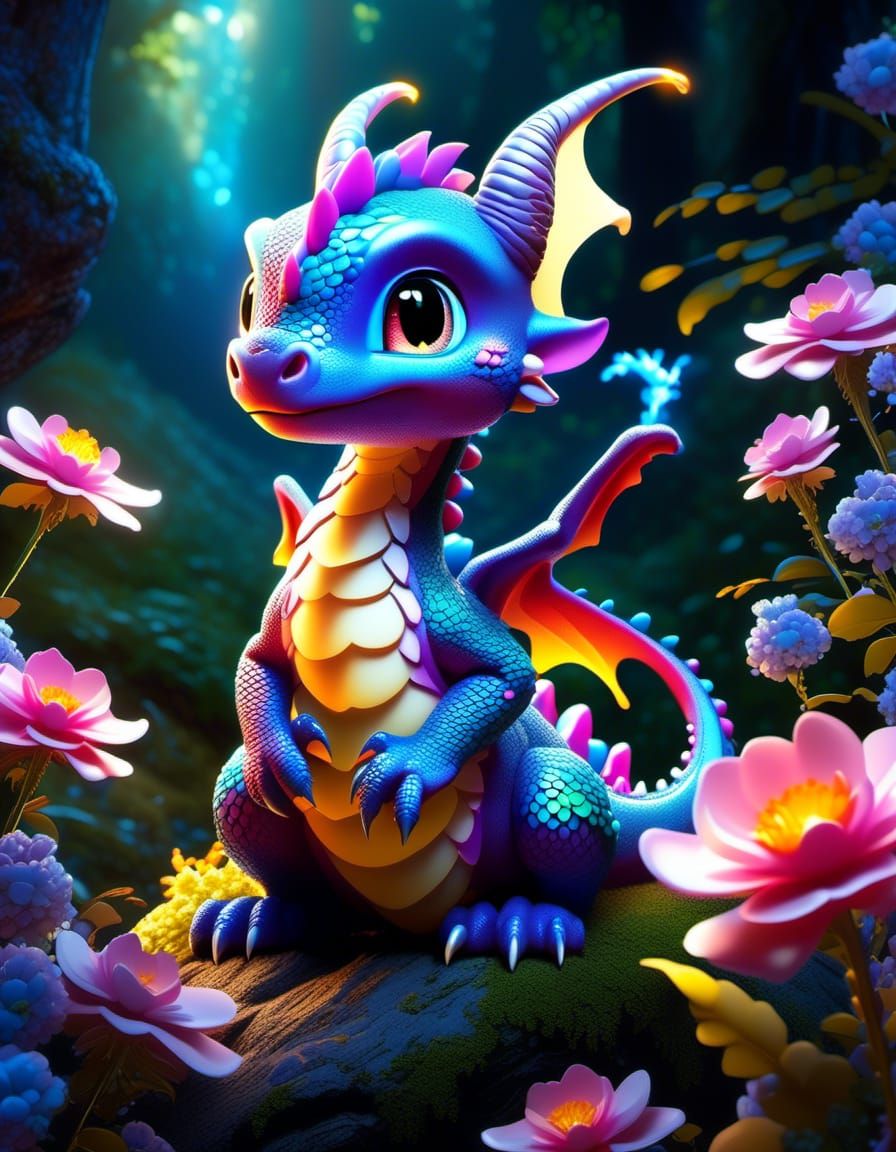 Cute Baby Dragon in Enchanted Forest