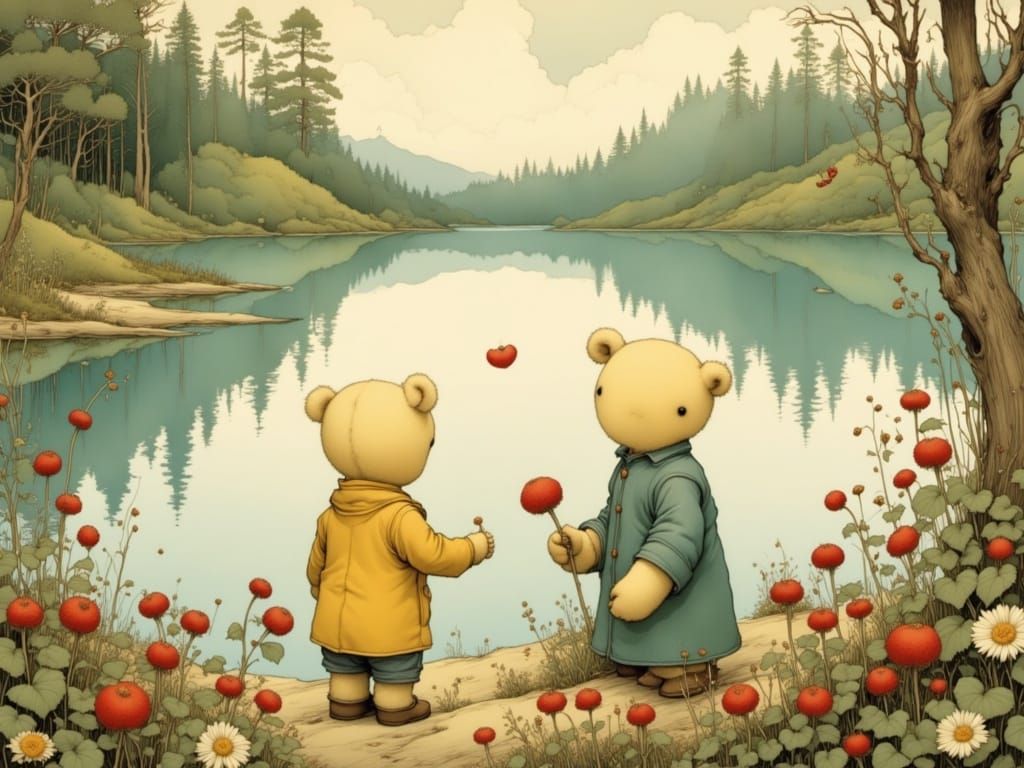 Whimsical Woodland Scene of Teddybears Gathering Berries