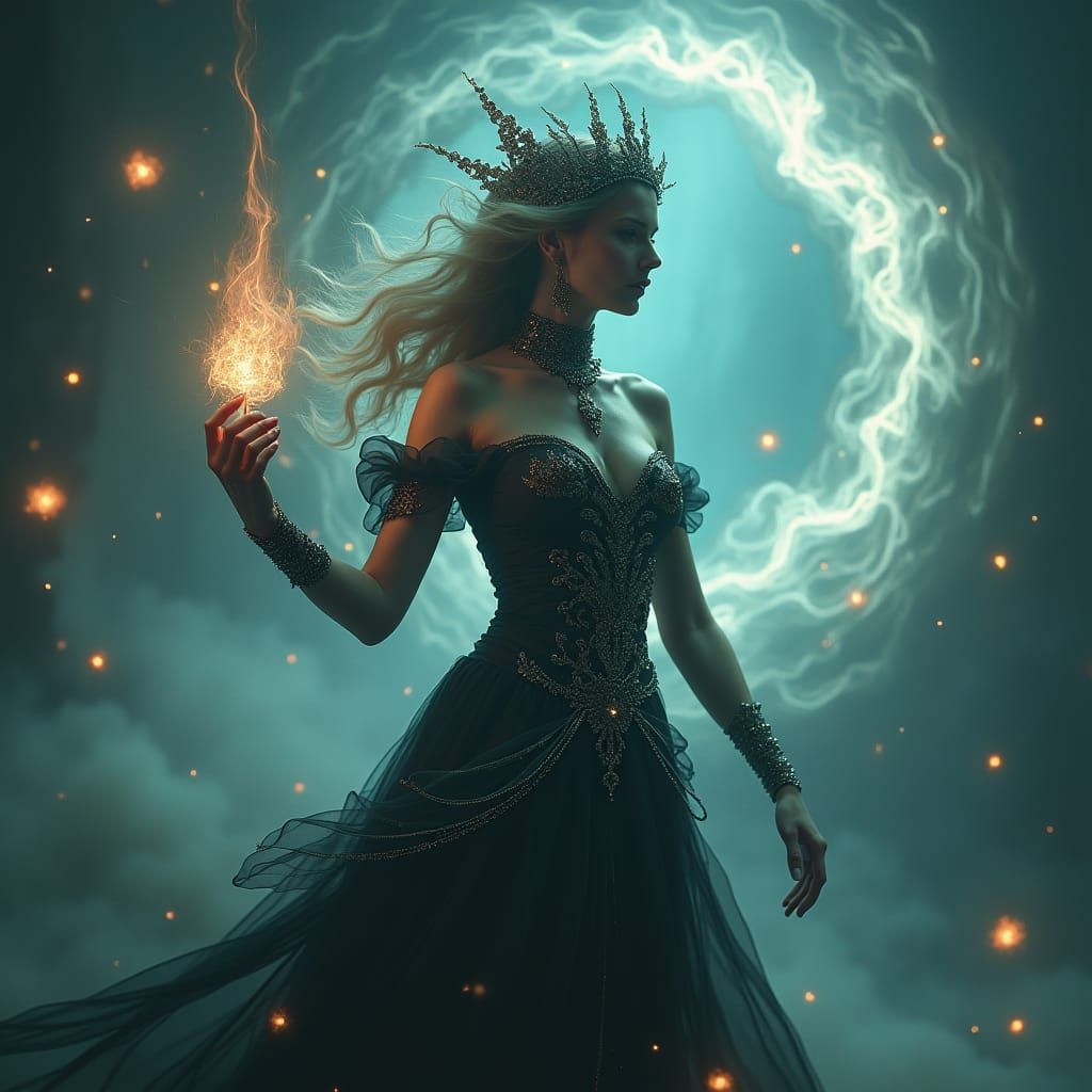 Ethereal Sorceress of Dark Magic in Mystical Realism