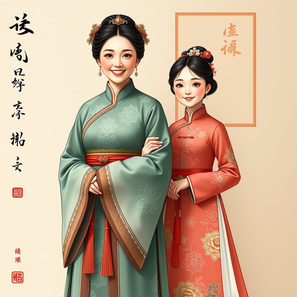 Mother and Daughter in Traditional Hanfu and Qipao