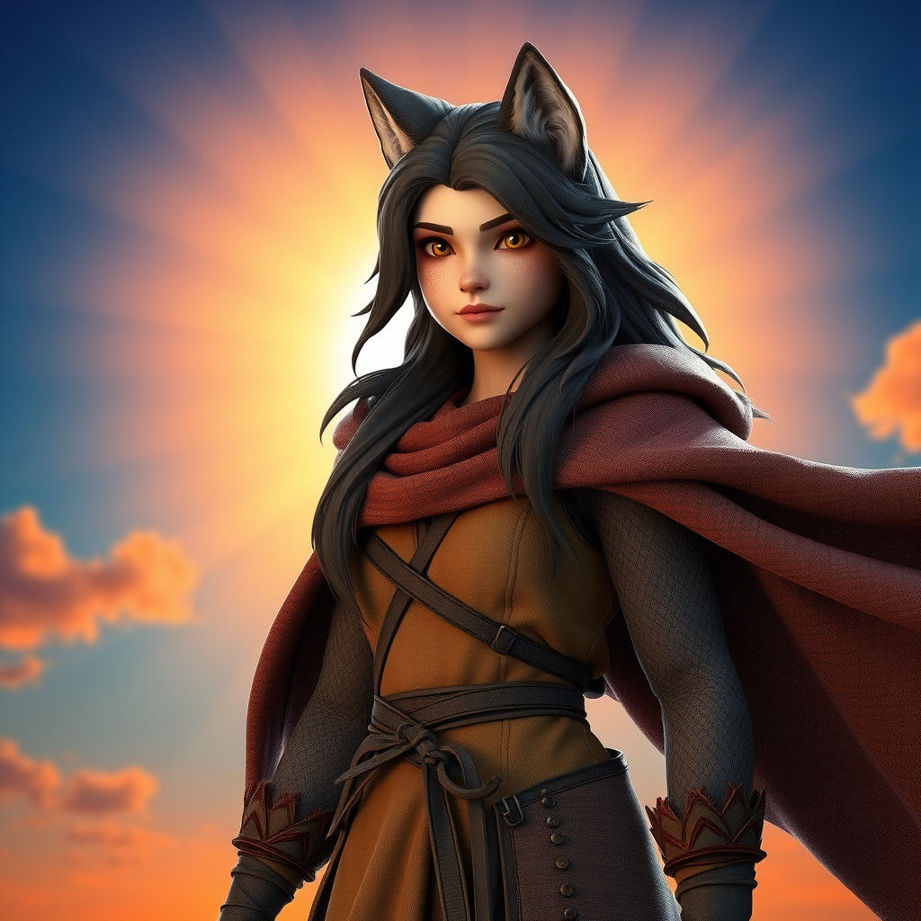 Heroic Wolf Woman in a Fantasy Landscape