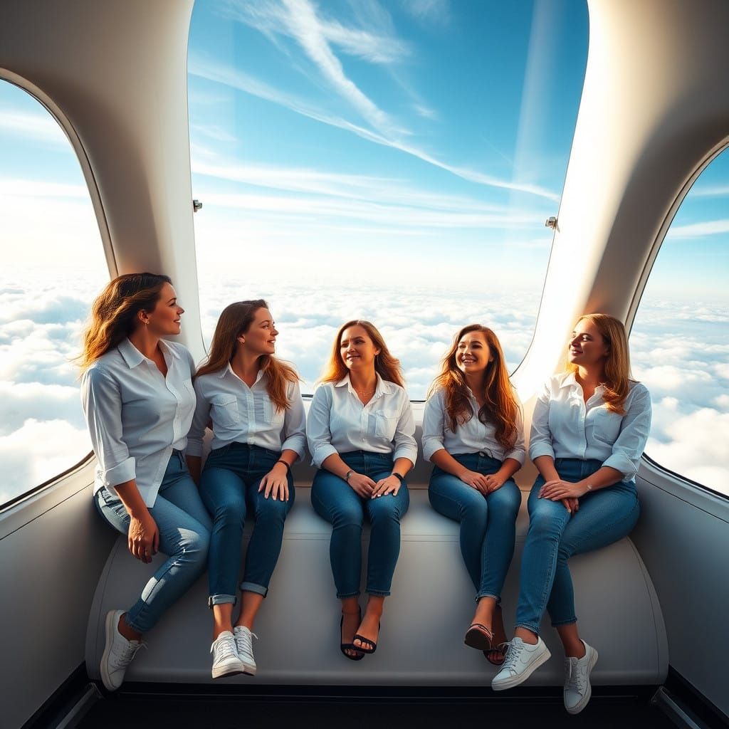Women in Comforting Airship Scene with Panoramic View