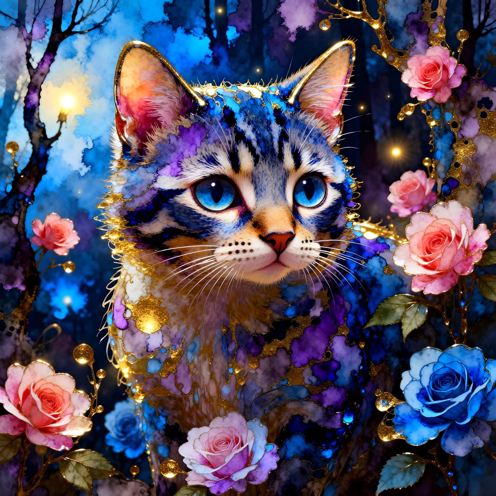 Whimsical Cat Among Roses in Surreal Sunset Garden