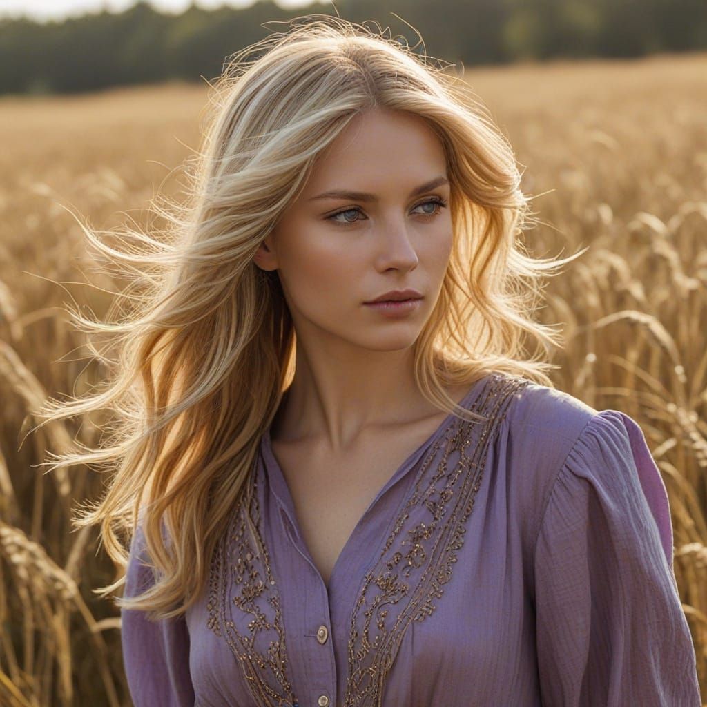 Ethereal Woman in Golden Hayfield: An Art Nouveau Portrait