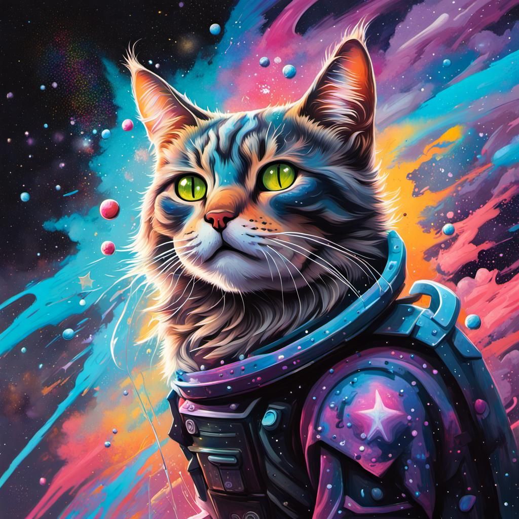 Cosmic Warrior Cat in Graffiti Street Art Style