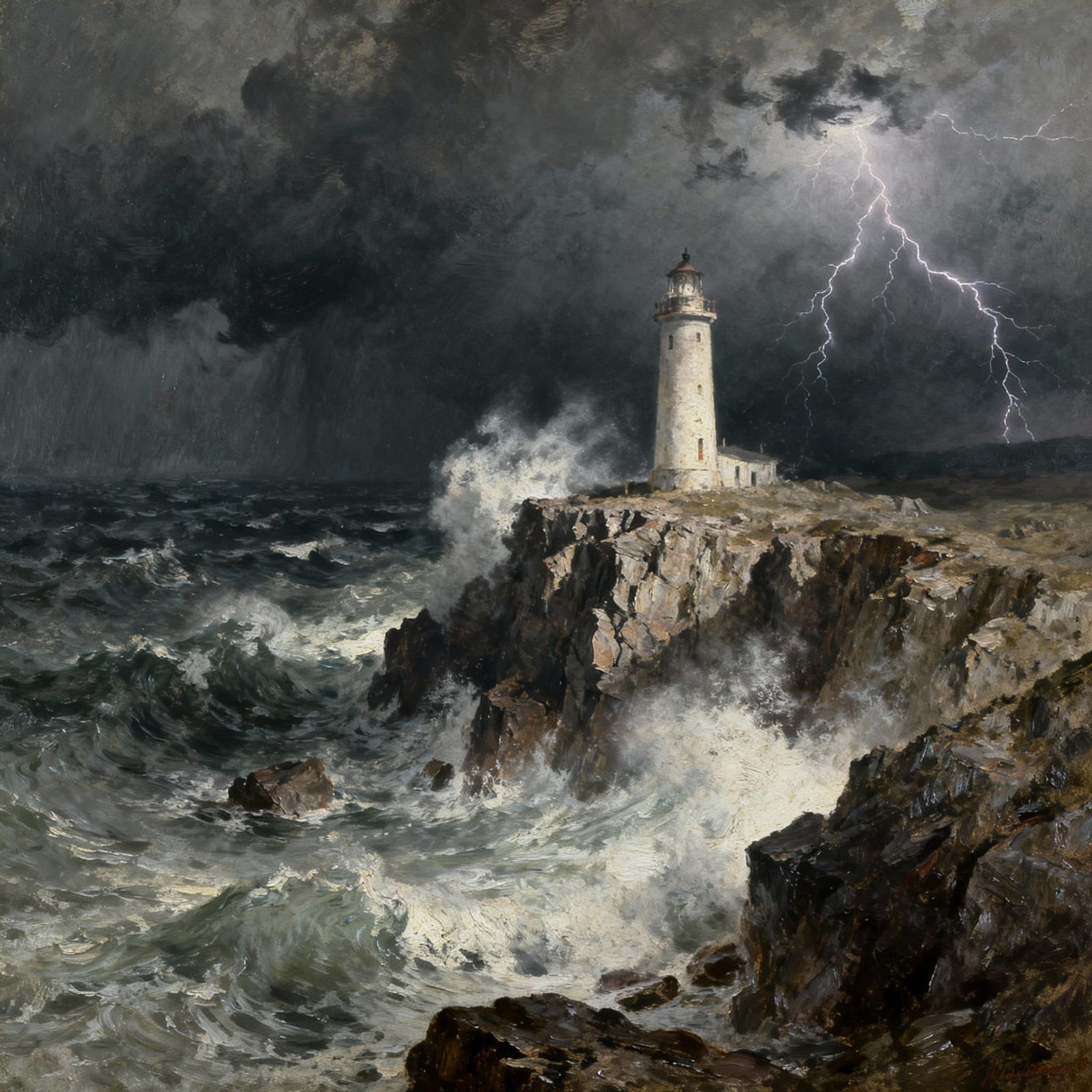 Stormy Lighthouse on Jagged Cliff Oil Painting