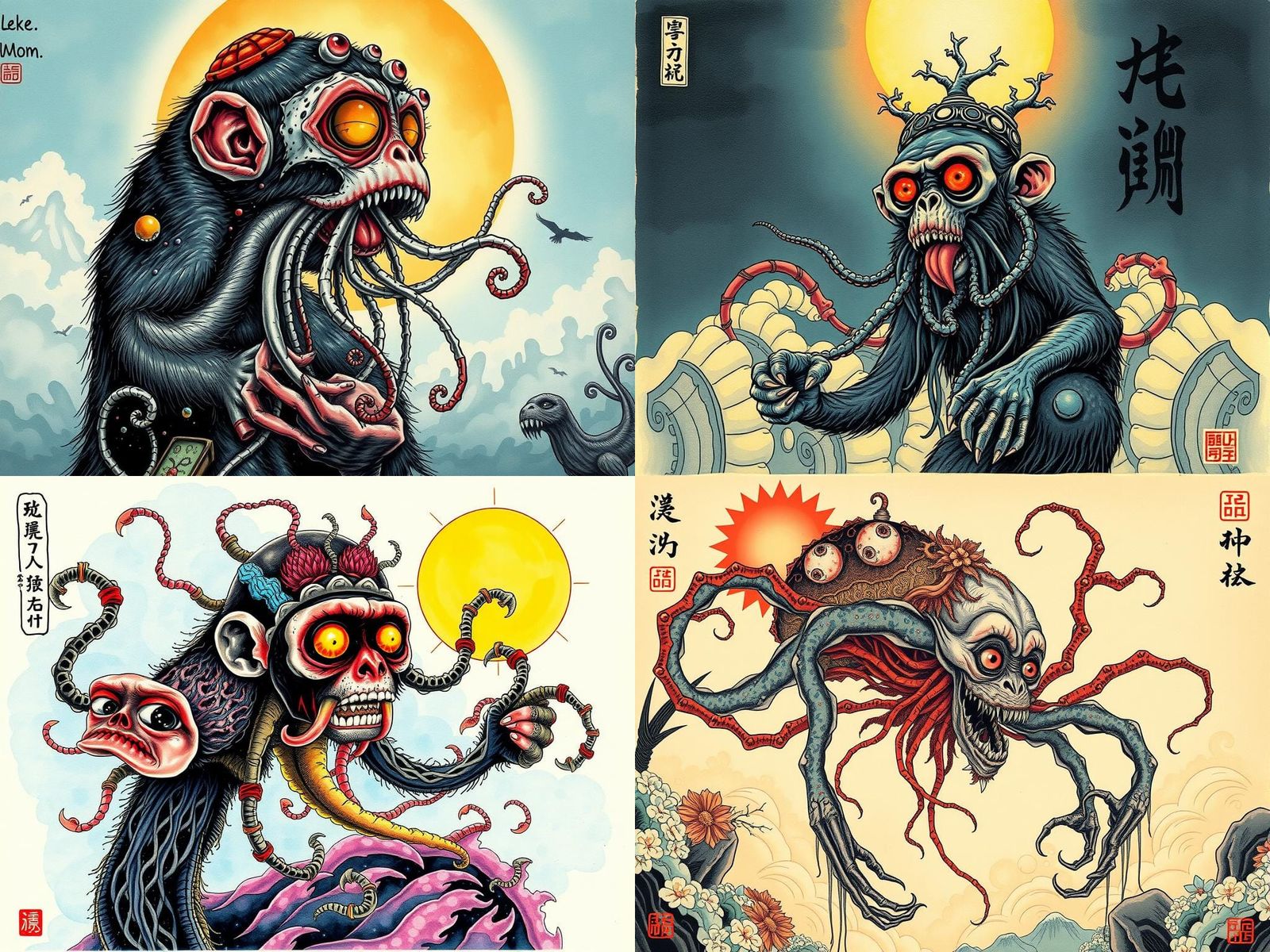 Japanese Horror Monkey-Jellyfish Hybrid in Ink