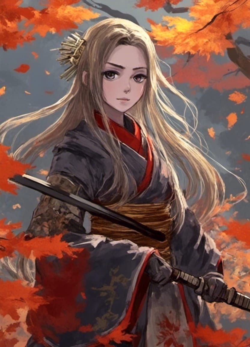 Samurai in the Japanese autumn leaves