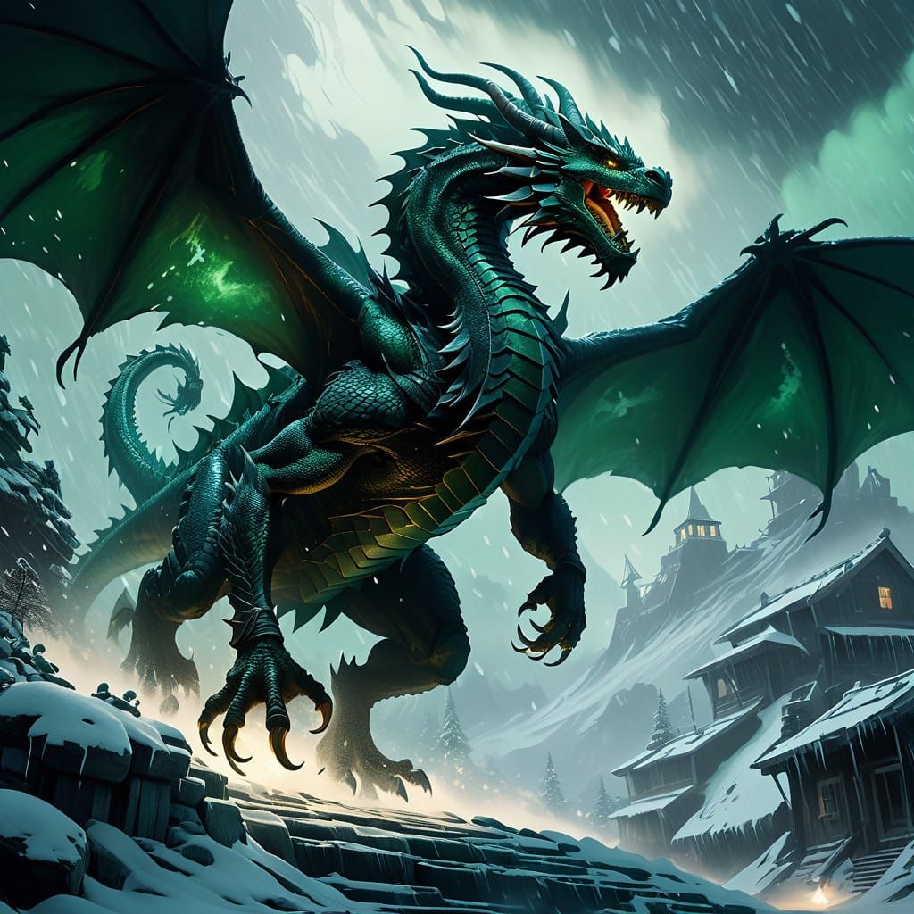 Majestic Dark Green Fantasy Dragon Soars Through Snowstorm