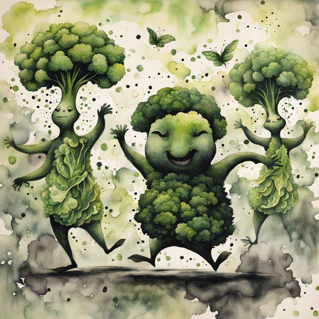 Broccoli People Dance: Chinese Ink Painting
