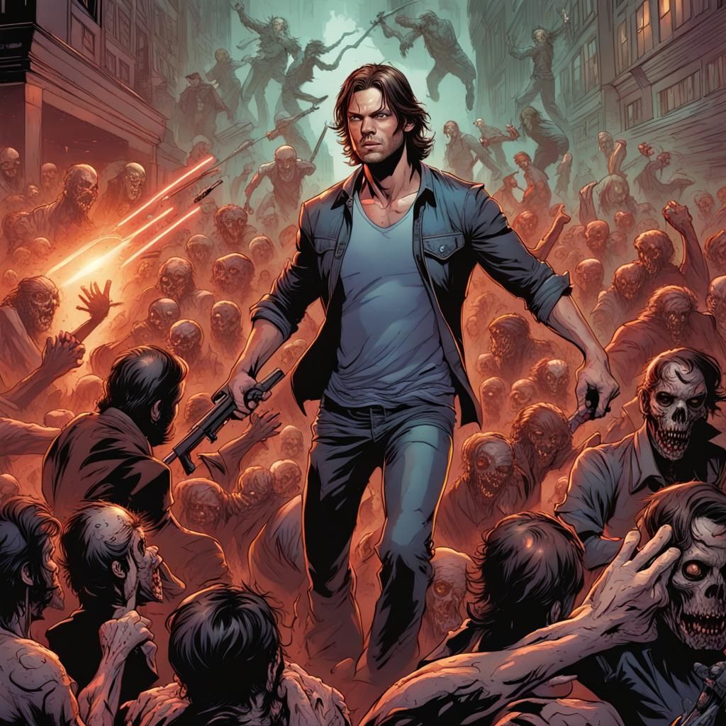 Laser Eyes Hero vs Zombie Horde in Comic Art