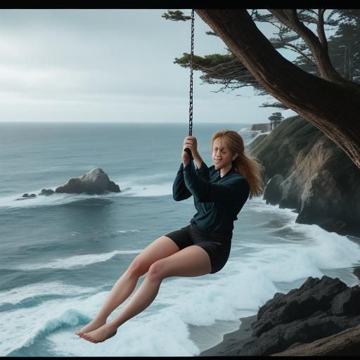 Woman Swinging on Oak Tree at Dusk